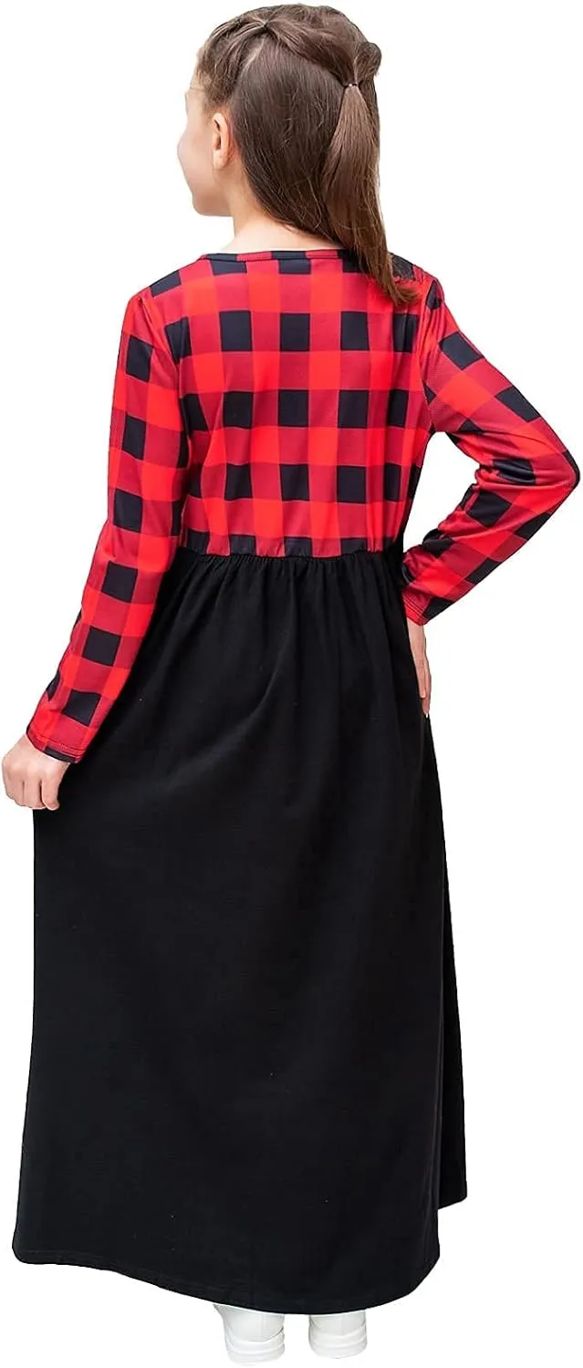 KYMIDY Girl Maxi Dress Kids Casual Buffalo Check Plaid Long Sleeve Dresses with Pockets(6-14yrs)