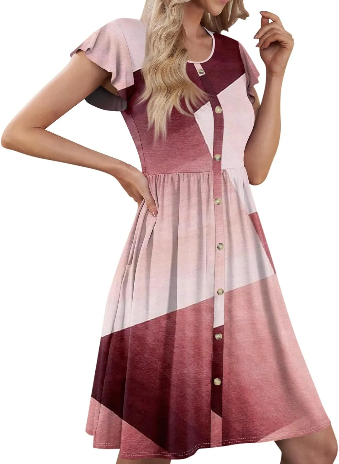 Ladies Daily Round Neck Dress Fly Sleeve Casual Printed 2025 Fashion Button Pocket Sexy Midi Loose Fit Party Dresses