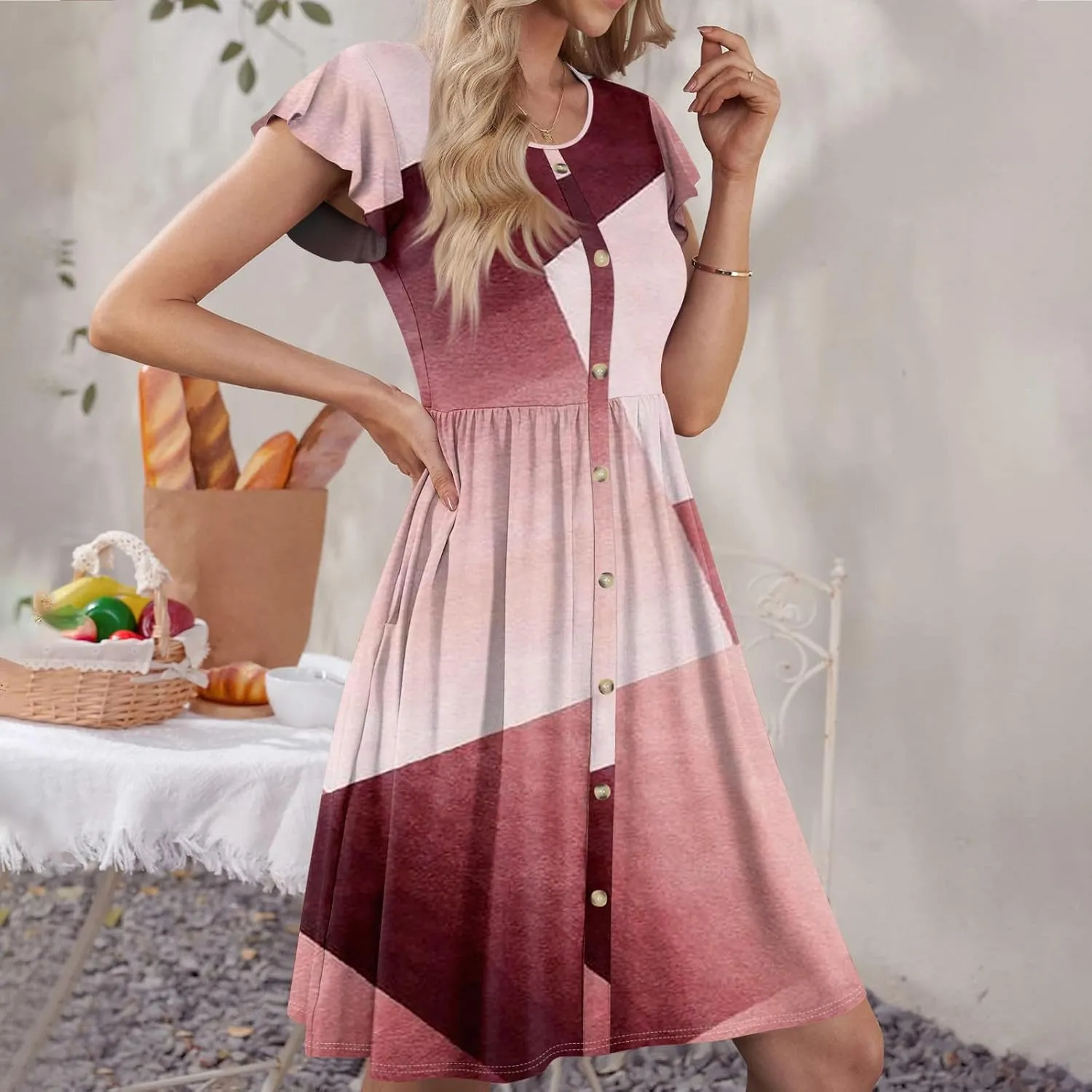 Ladies Daily Round Neck Dress Fly Sleeve Casual Printed 2025 Fashion Button Pocket Sexy Midi Loose Fit Party Dresses