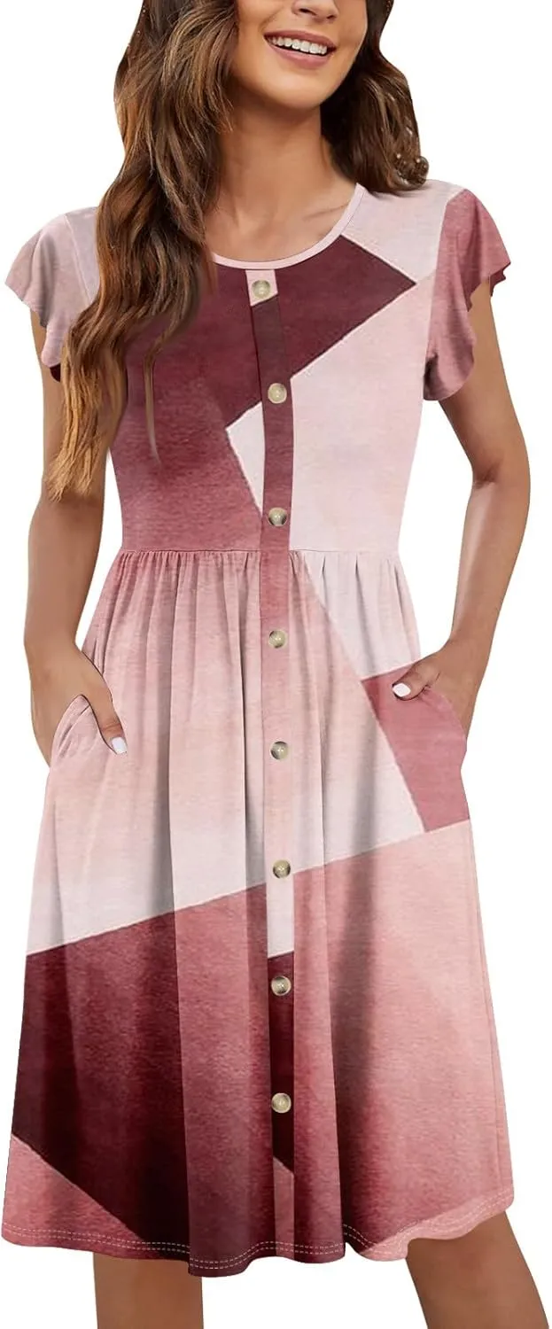 Ladies Daily Round Neck Dress Fly Sleeve Casual Printed 2025 Fashion Button Pocket Sexy Midi Loose Fit Party Dresses