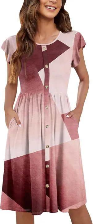 Ladies Daily Round Neck Dress Fly Sleeve Casual Printed 2025 Fashion Button Pocket Sexy Midi Loose Fit Party Dresses