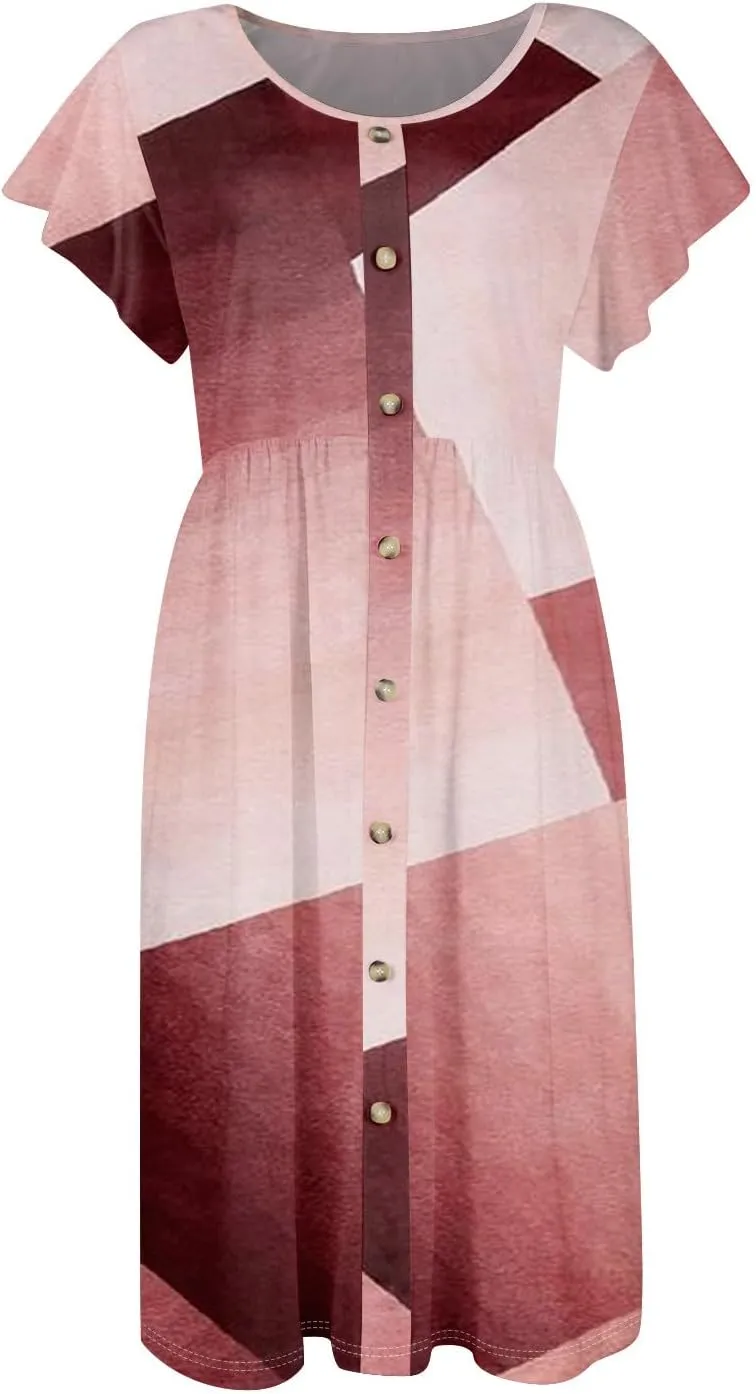 Ladies Daily Round Neck Dress Fly Sleeve Casual Printed 2025 Fashion Button Pocket Sexy Midi Loose Fit Party Dresses