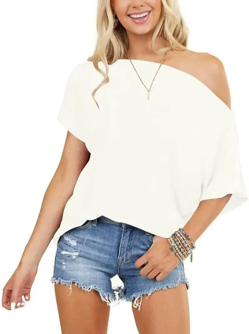 LEEDYA Women Off Shoulder Tops Short Sleeve T-Shirts Loose Blouses Oversized Tunic Tops