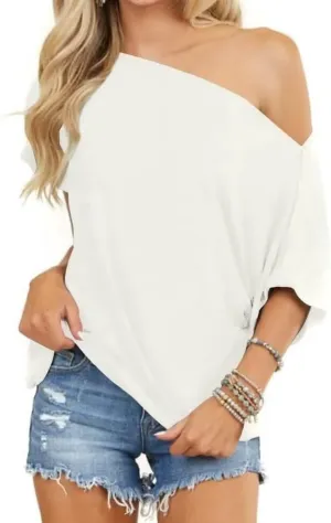 LEEDYA Women Off Shoulder Tops Short Sleeve T-Shirts Loose Blouses Oversized Tunic Tops