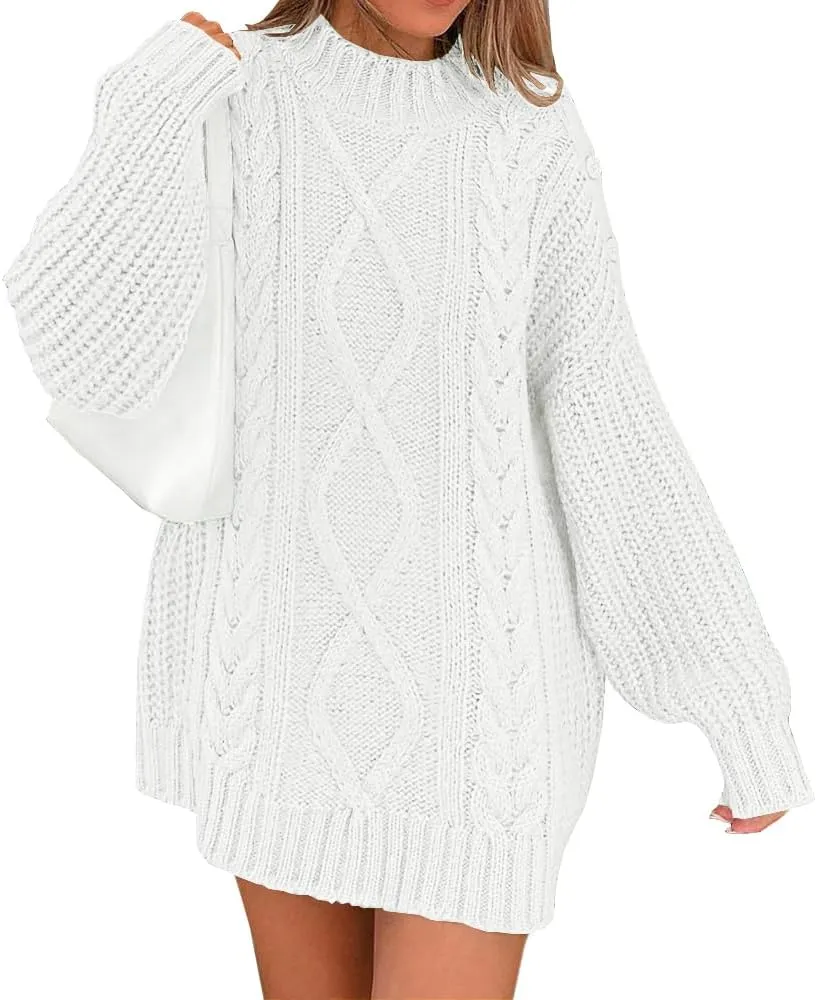 LILLUSORY Women's Crewneck Oversized Sweater Dress 2024 Fall Fashion Cable Knit Long Sleeve Dresses Chunky Pullover Tops