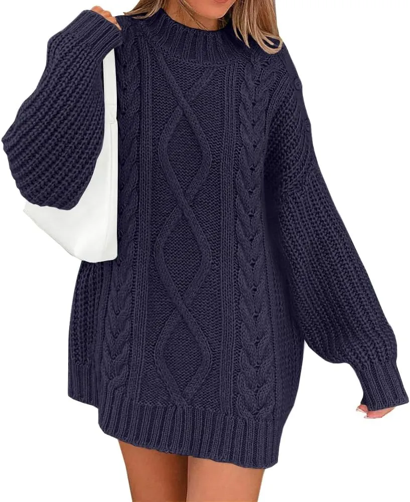 LILLUSORY Women's Crewneck Oversized Sweater Dress 2024 Fall Fashion Cable Knit Long Sleeve Dresses Chunky Pullover Tops