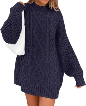 LILLUSORY Women's Crewneck Oversized Sweater Dress 2024 Fall Fashion Cable Knit Long Sleeve Dresses Chunky Pullover Tops
