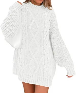 LILLUSORY Women's Crewneck Oversized Sweater Dress 2024 Fall Fashion Cable Knit Long Sleeve Dresses Chunky Pullover Tops
