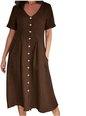 Linen Cotton Dress Women V Neck Button Down Short Sleeve Midi Dress with Pockets Beach Sundress Vacation Dresses