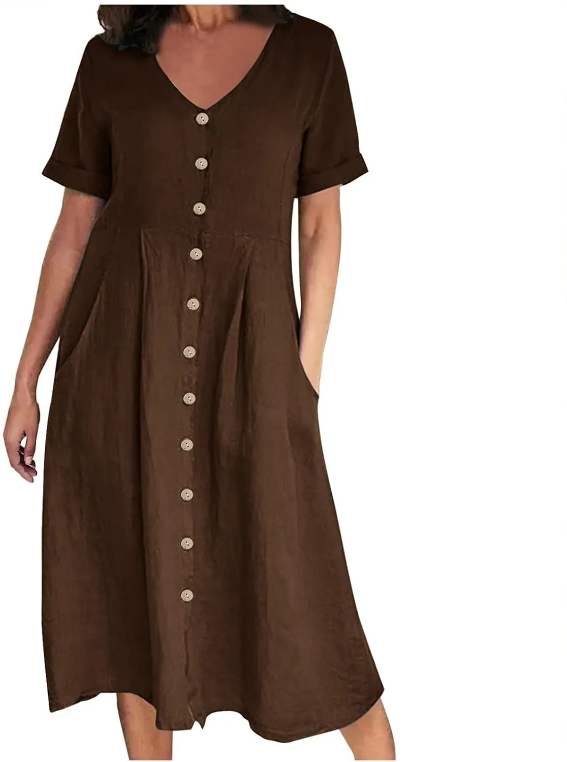 Linen Cotton Dress Women V Neck Button Down Short Sleeve Midi Dress with Pockets Beach Sundress Vacation Dresses