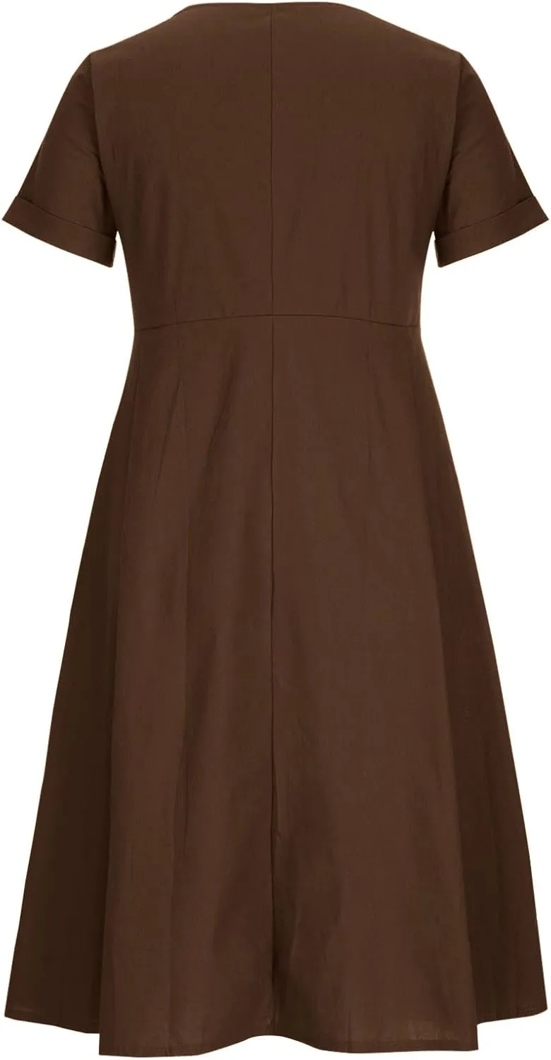 Linen Cotton Dress Women V Neck Button Down Short Sleeve Midi Dress with Pockets Beach Sundress Vacation Dresses