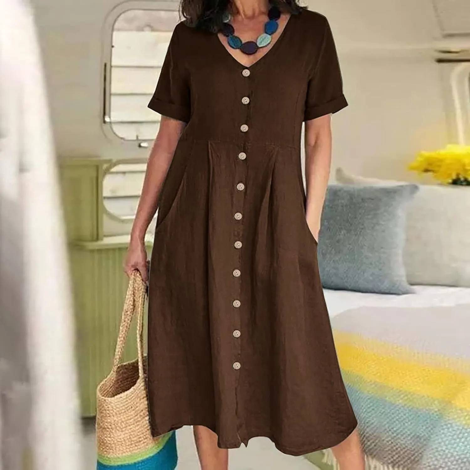 Linen Cotton Dress Women V Neck Button Down Short Sleeve Midi Dress with Pockets Beach Sundress Vacation Dresses