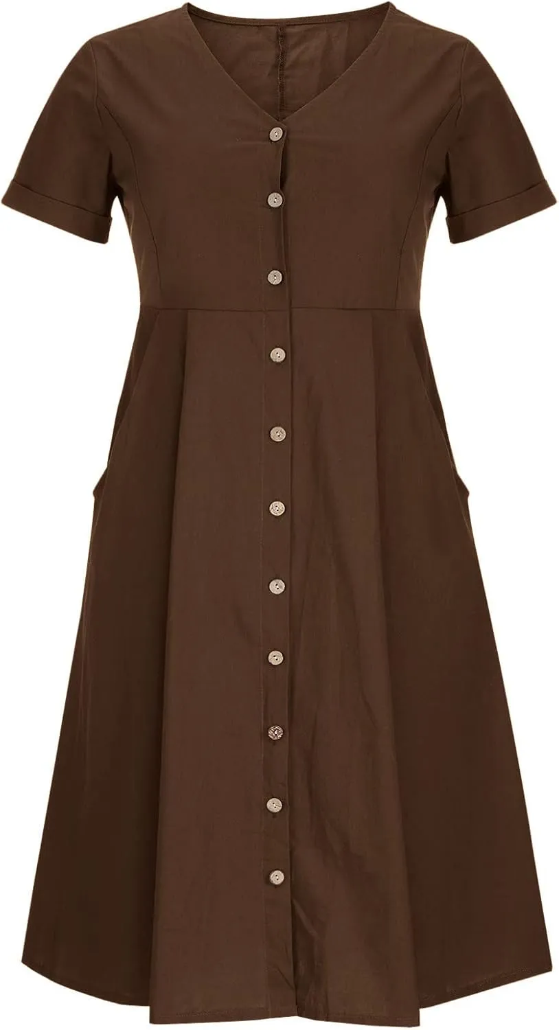 Linen Cotton Dress Women V Neck Button Down Short Sleeve Midi Dress with Pockets Beach Sundress Vacation Dresses