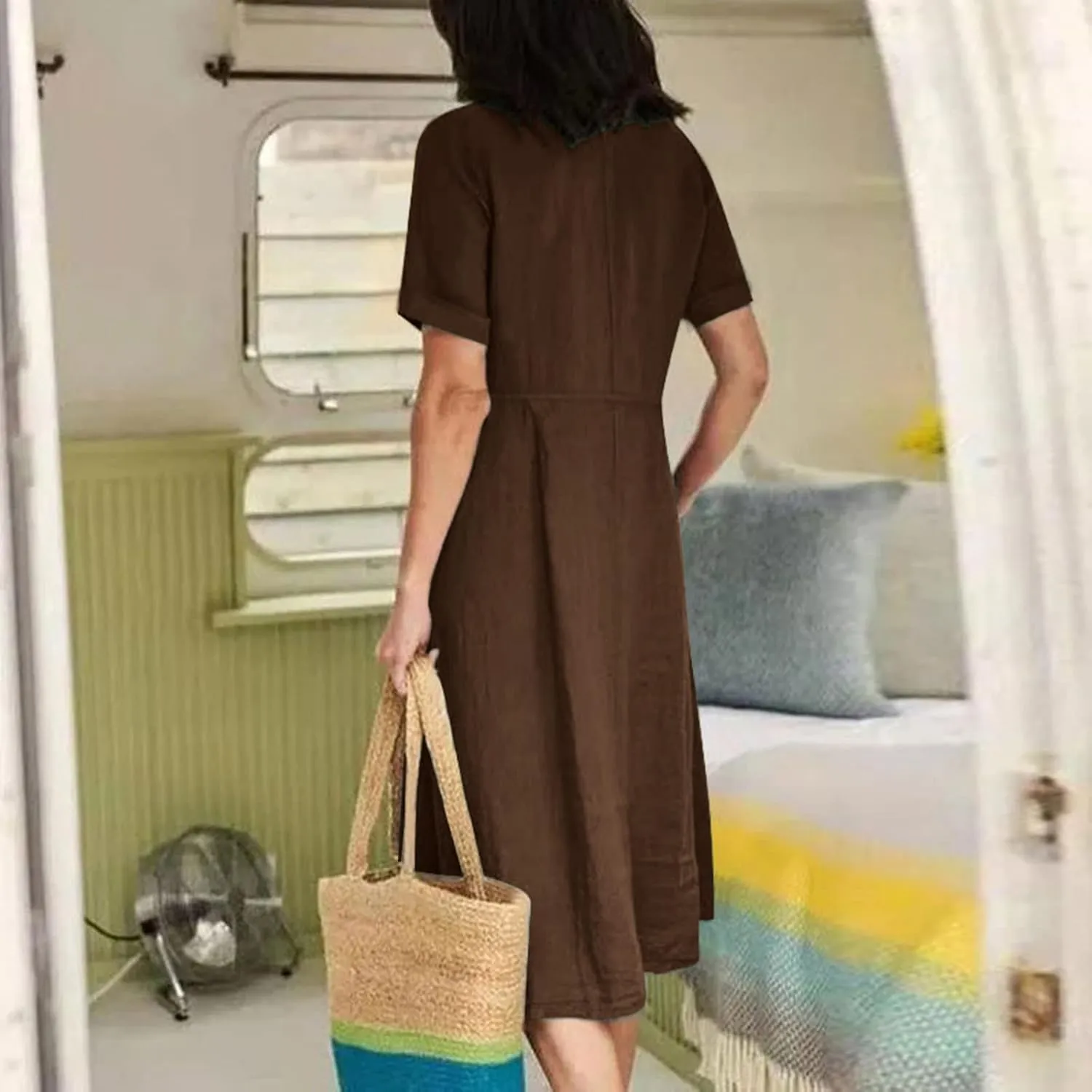 Linen Cotton Dress Women V Neck Button Down Short Sleeve Midi Dress with Pockets Beach Sundress Vacation Dresses