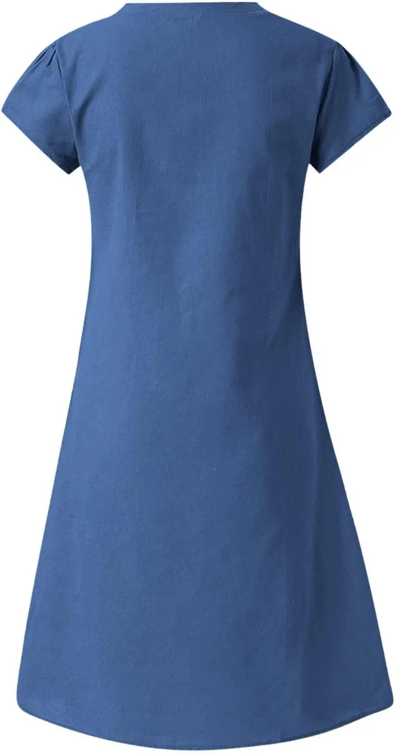 Linen Dress Women 2025 V Neck Short Sleeve Dresses Summer T-Shirt Midi Dress Solid Color Causal Loose Dresses