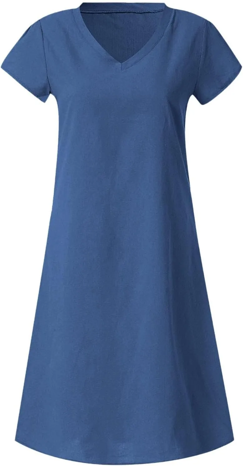 Linen Dress Women 2025 V Neck Short Sleeve Dresses Summer T-Shirt Midi Dress Solid Color Causal Loose Dresses