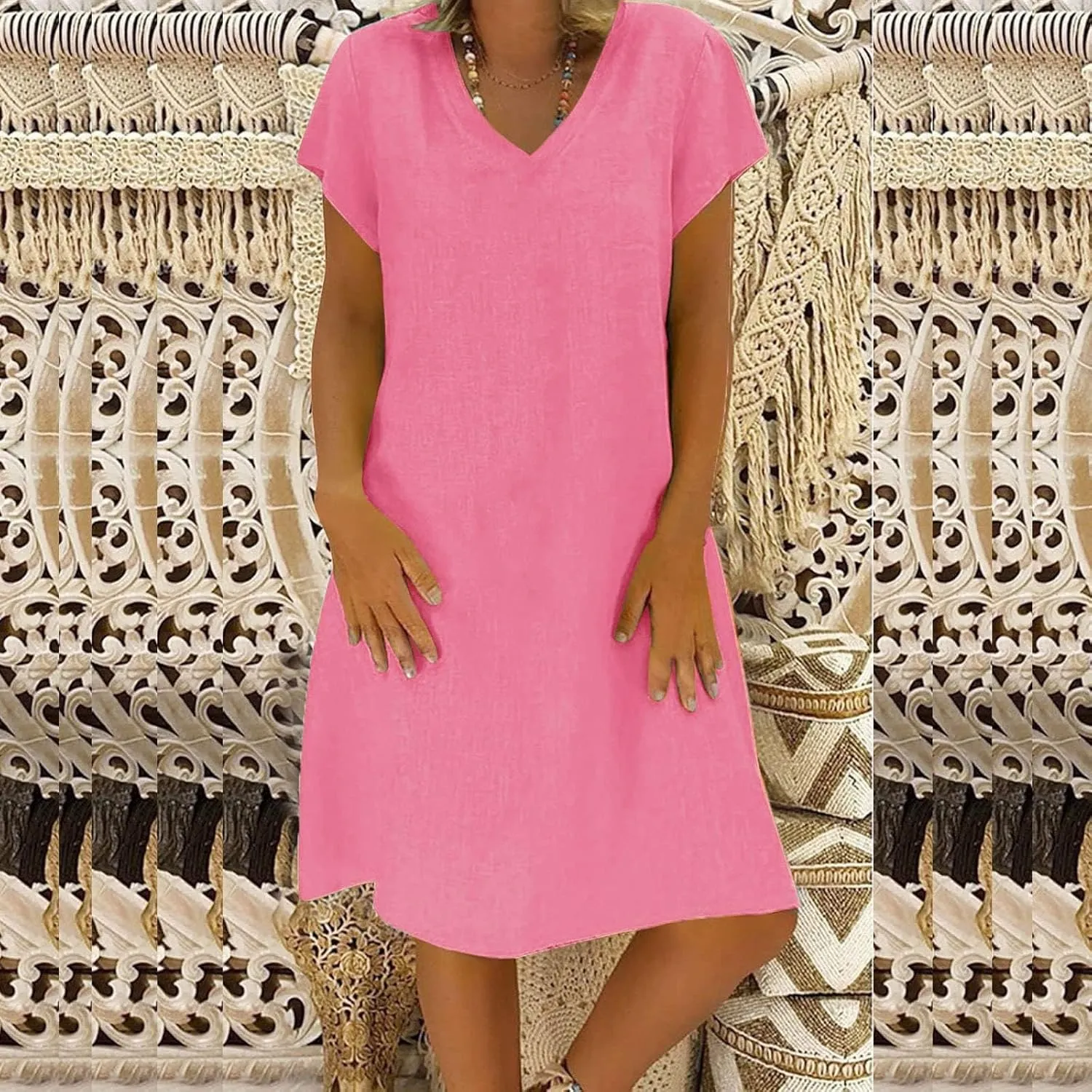 Linen Dress Women 2025 V Neck Short Sleeve Dresses Summer T-Shirt Midi Dress Solid Color Causal Loose Dresses