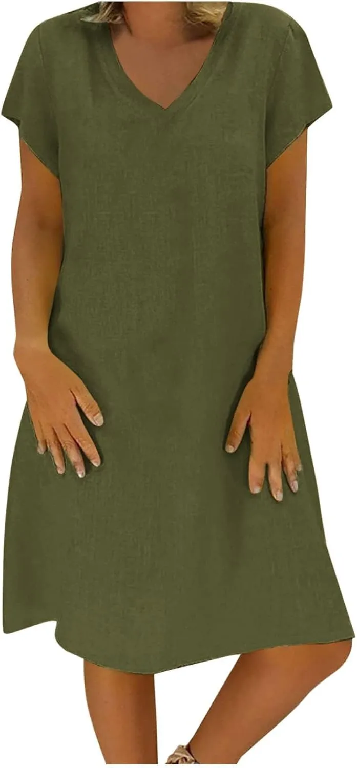 Linen Dress Women 2025 V Neck Short Sleeve Dresses Summer T-Shirt Midi Dress Solid Color Causal Loose Dresses