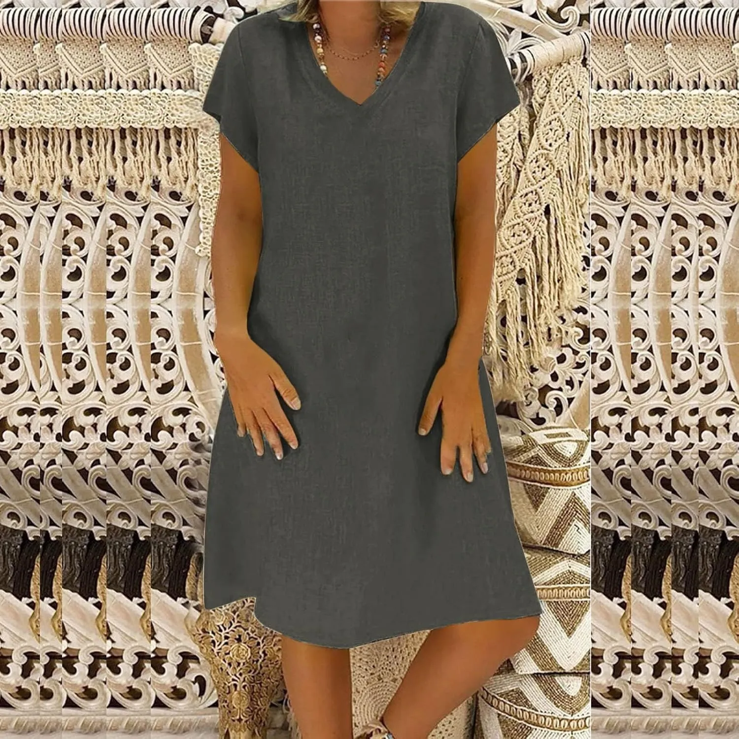 Linen Dress Women 2025 V Neck Short Sleeve Dresses Summer T-Shirt Midi Dress Solid Color Causal Loose Dresses