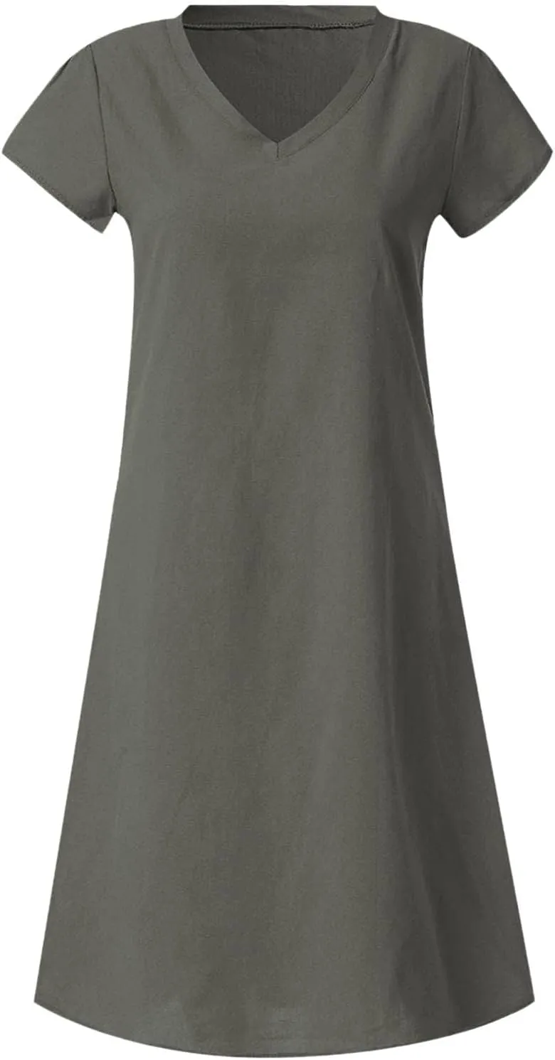 Linen Dress Women 2025 V Neck Short Sleeve Dresses Summer T-Shirt Midi Dress Solid Color Causal Loose Dresses