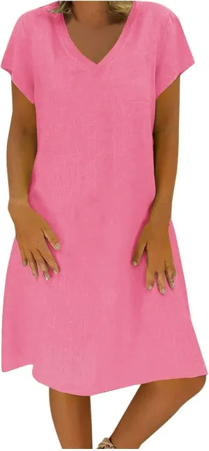 Linen Dress Women 2025 V Neck Short Sleeve Dresses Summer T-Shirt Midi Dress Solid Color Causal Loose Dresses