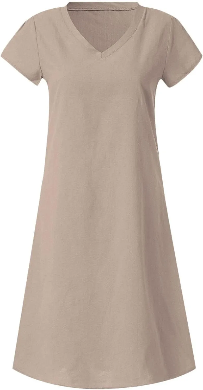 Linen Dress Women 2025 V Neck Short Sleeve Dresses Summer T-Shirt Midi Dress Solid Color Causal Loose Dresses