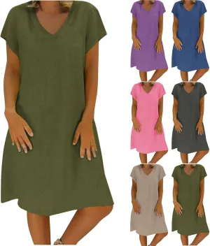 Linen Dress Women 2025 V Neck Short Sleeve Dresses Summer T-Shirt Midi Dress Solid Color Causal Loose Dresses