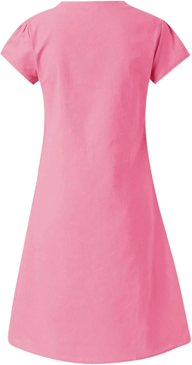 Linen Dress Women 2025 V Neck Short Sleeve Dresses Summer T-Shirt Midi Dress Solid Color Causal Loose Dresses