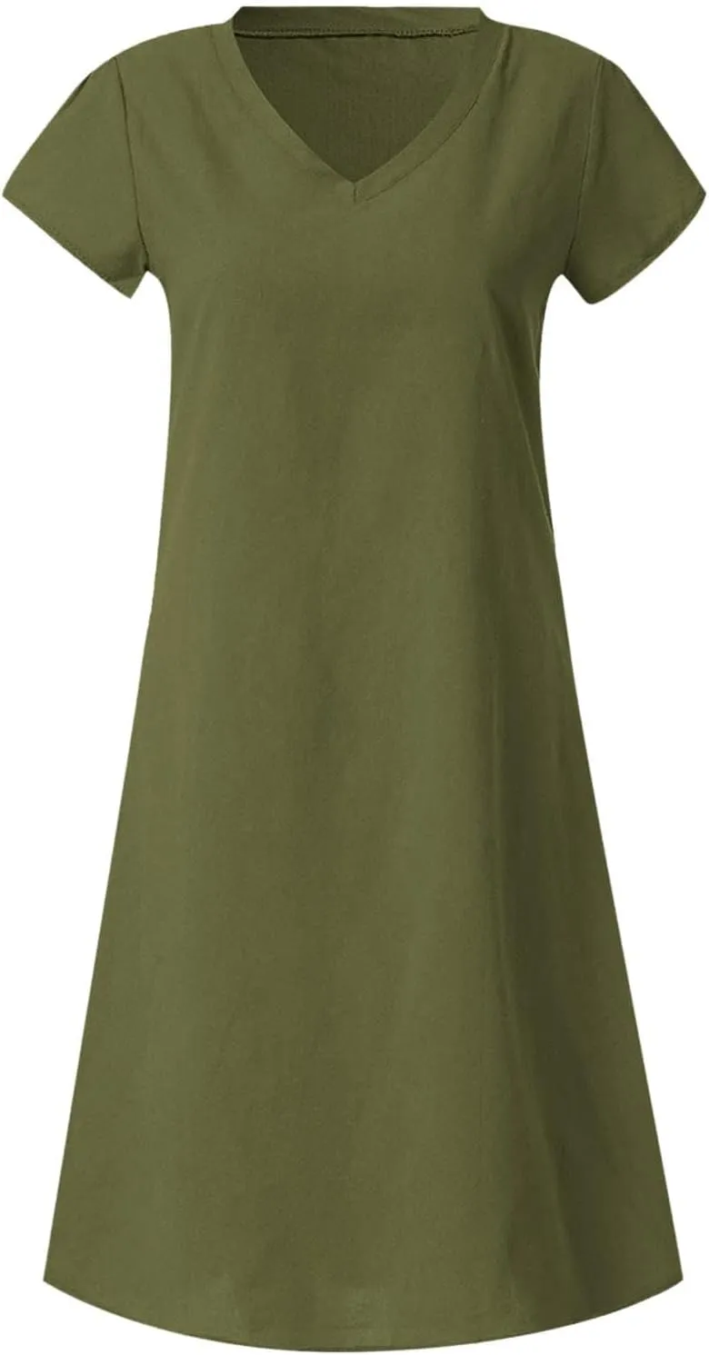 Linen Dress Women 2025 V Neck Short Sleeve Dresses Summer T-Shirt Midi Dress Solid Color Causal Loose Dresses
