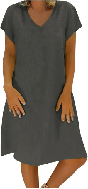 Linen Dress Women 2025 V Neck Short Sleeve Dresses Summer T-Shirt Midi Dress Solid Color Causal Loose Dresses