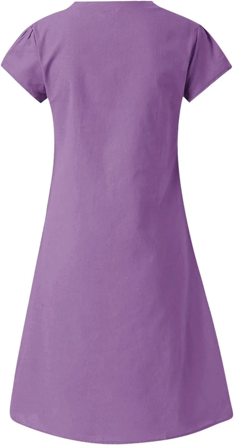 Linen Dress Women 2025 V Neck Short Sleeve Dresses Summer T-Shirt Midi Dress Solid Color Causal Loose Dresses