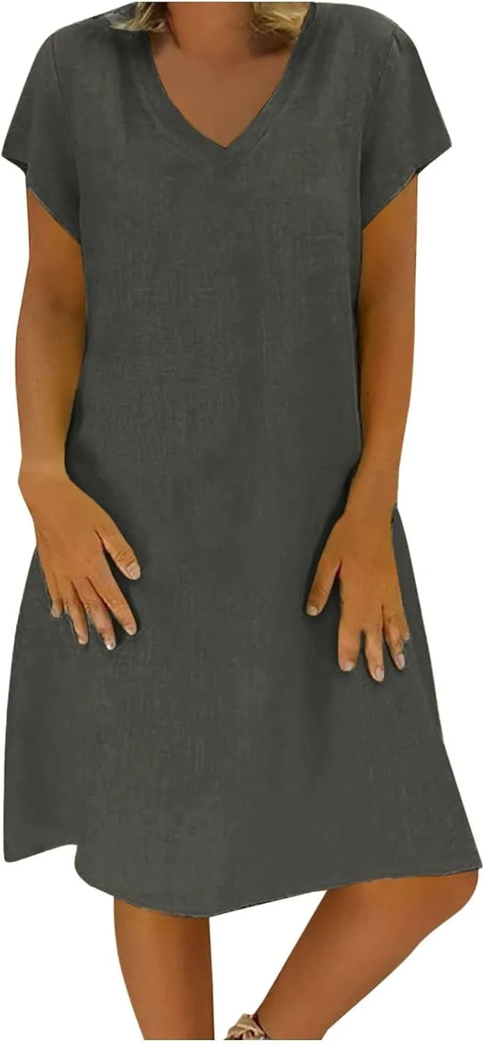Linen Dress Women 2025 V Neck Short Sleeve Dresses Summer T-Shirt Midi Dress Solid Color Causal Loose Dresses