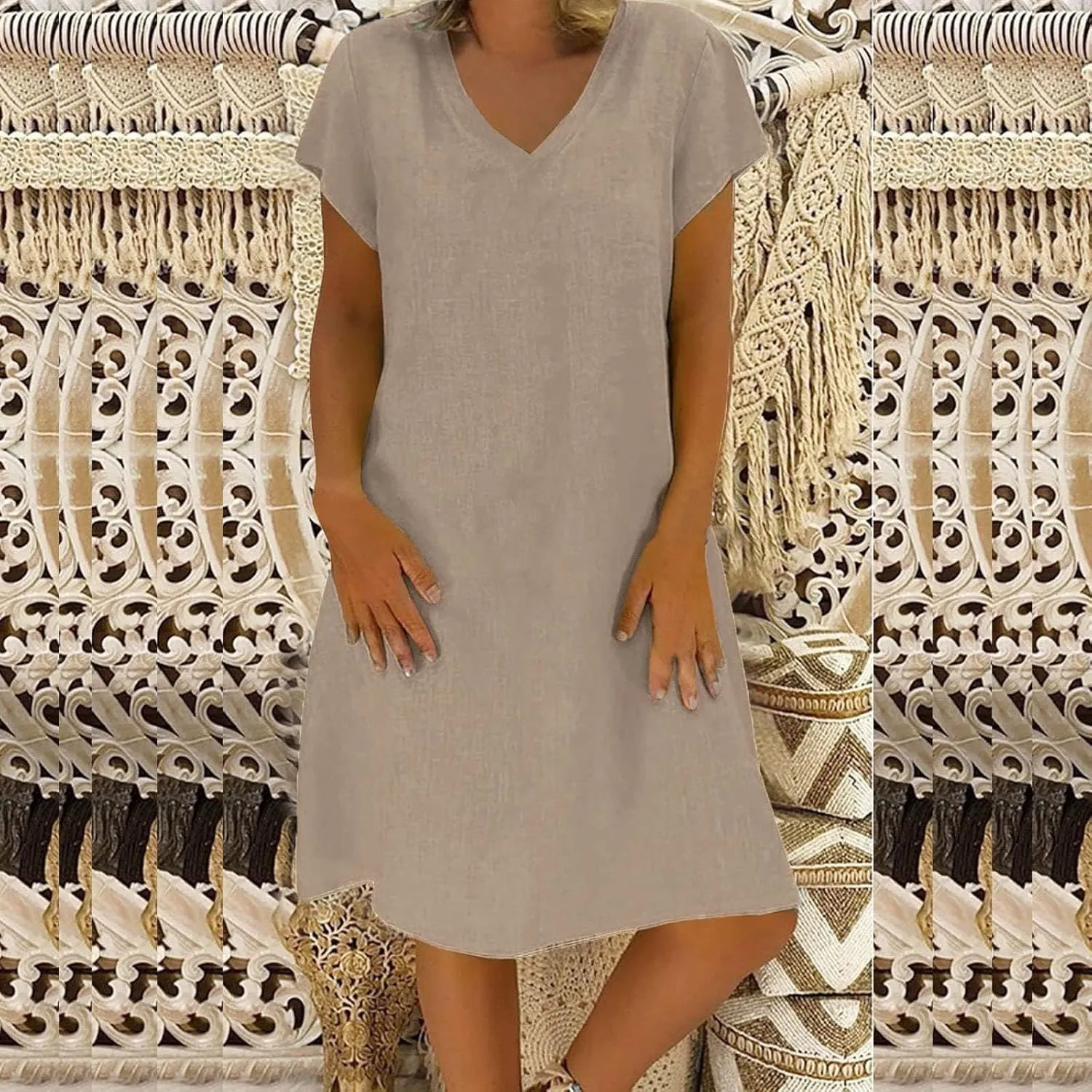 Linen Dress Women 2025 V Neck Short Sleeve Dresses Summer T-Shirt Midi Dress Solid Color Causal Loose Dresses