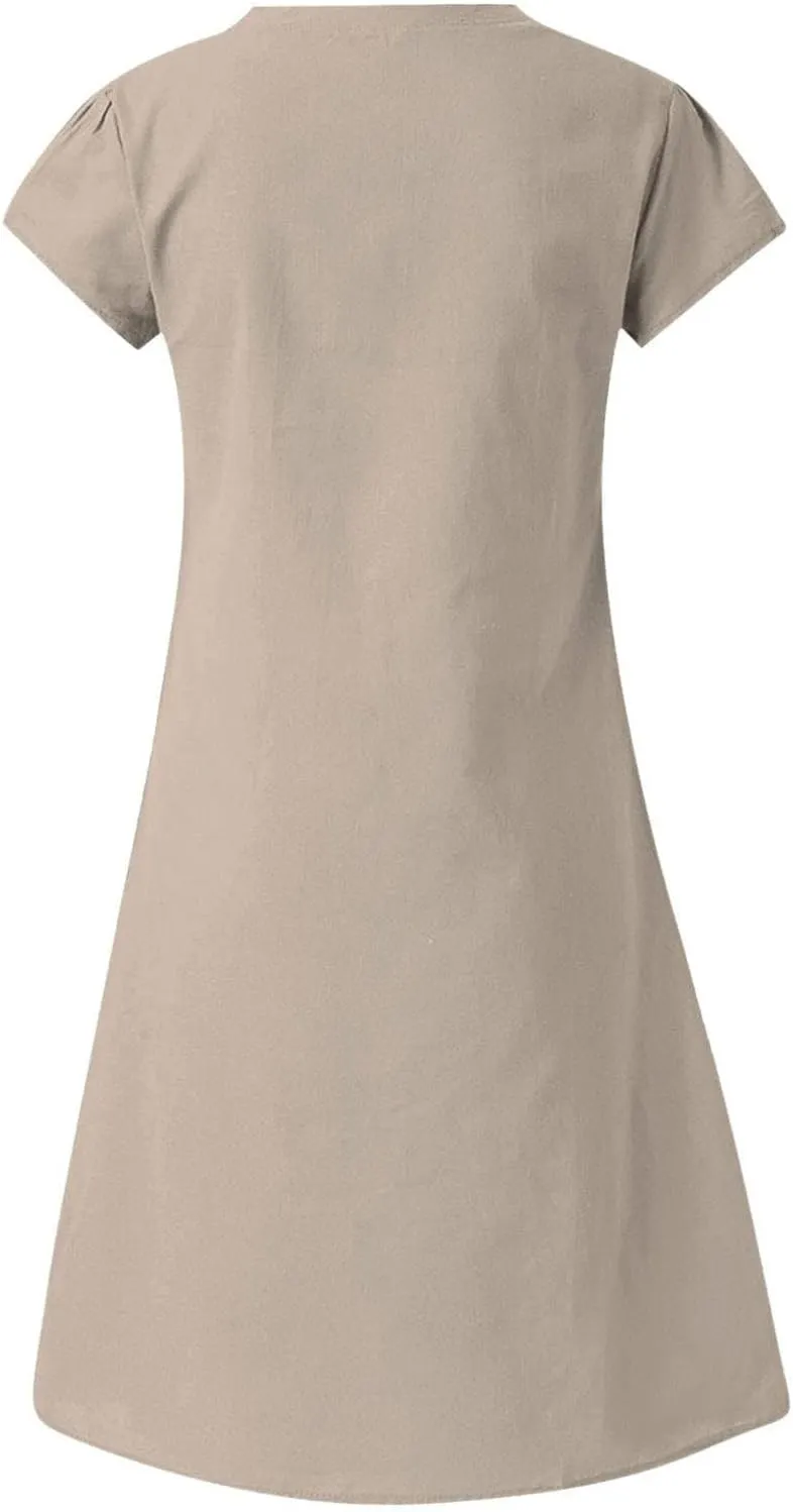 Linen Dress Women 2025 V Neck Short Sleeve Dresses Summer T-Shirt Midi Dress Solid Color Causal Loose Dresses
