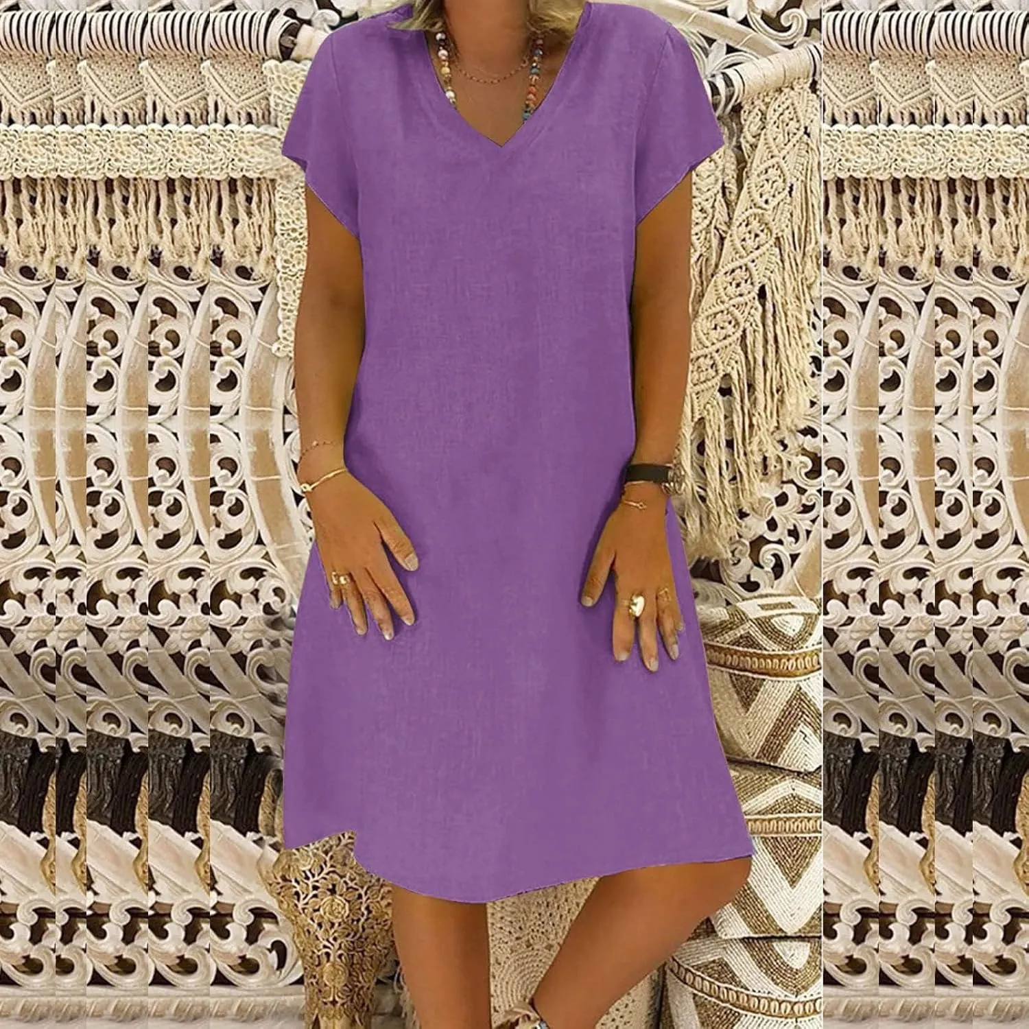 Linen Dress Women 2025 V Neck Short Sleeve Dresses Summer T-Shirt Midi Dress Solid Color Causal Loose Dresses