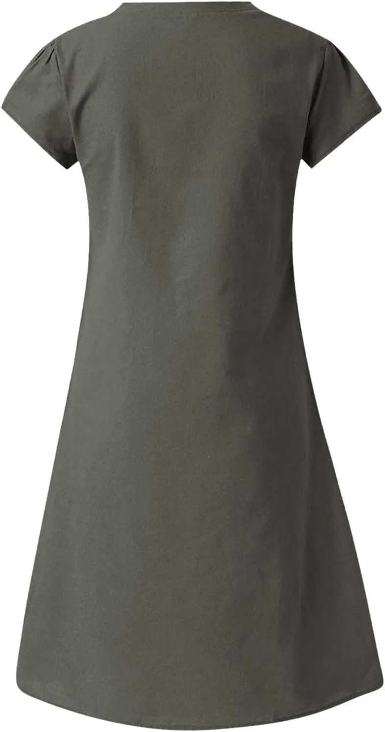 Linen Dress Women 2025 V Neck Short Sleeve Dresses Summer T-Shirt Midi Dress Solid Color Causal Loose Dresses