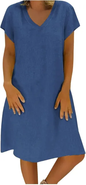 Linen Dress Women 2025 V Neck Short Sleeve Dresses Summer T-Shirt Midi Dress Solid Color Causal Loose Dresses