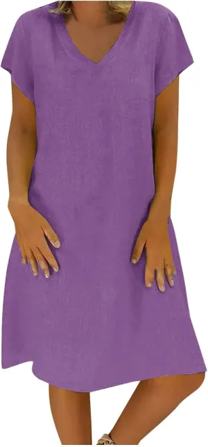 Linen Dress Women 2025 V Neck Short Sleeve Dresses Summer T-Shirt Midi Dress Solid Color Causal Loose Dresses