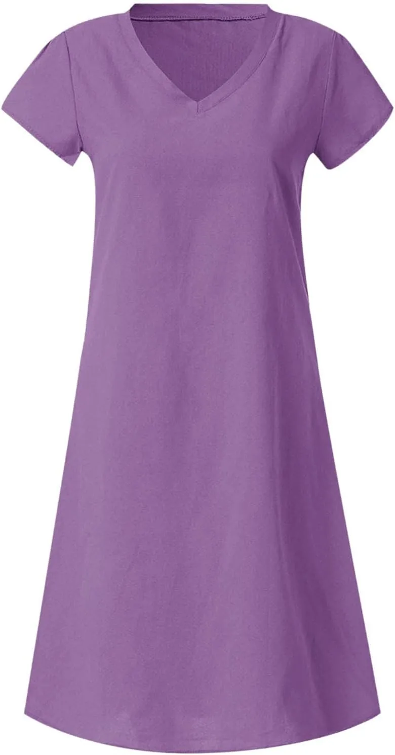 Linen Dress Women 2025 V Neck Short Sleeve Dresses Summer T-Shirt Midi Dress Solid Color Causal Loose Dresses