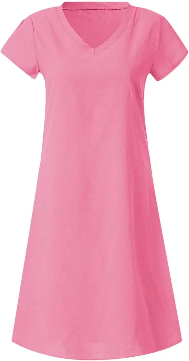 Linen Dress Women 2025 V Neck Short Sleeve Dresses Summer T-Shirt Midi Dress Solid Color Causal Loose Dresses