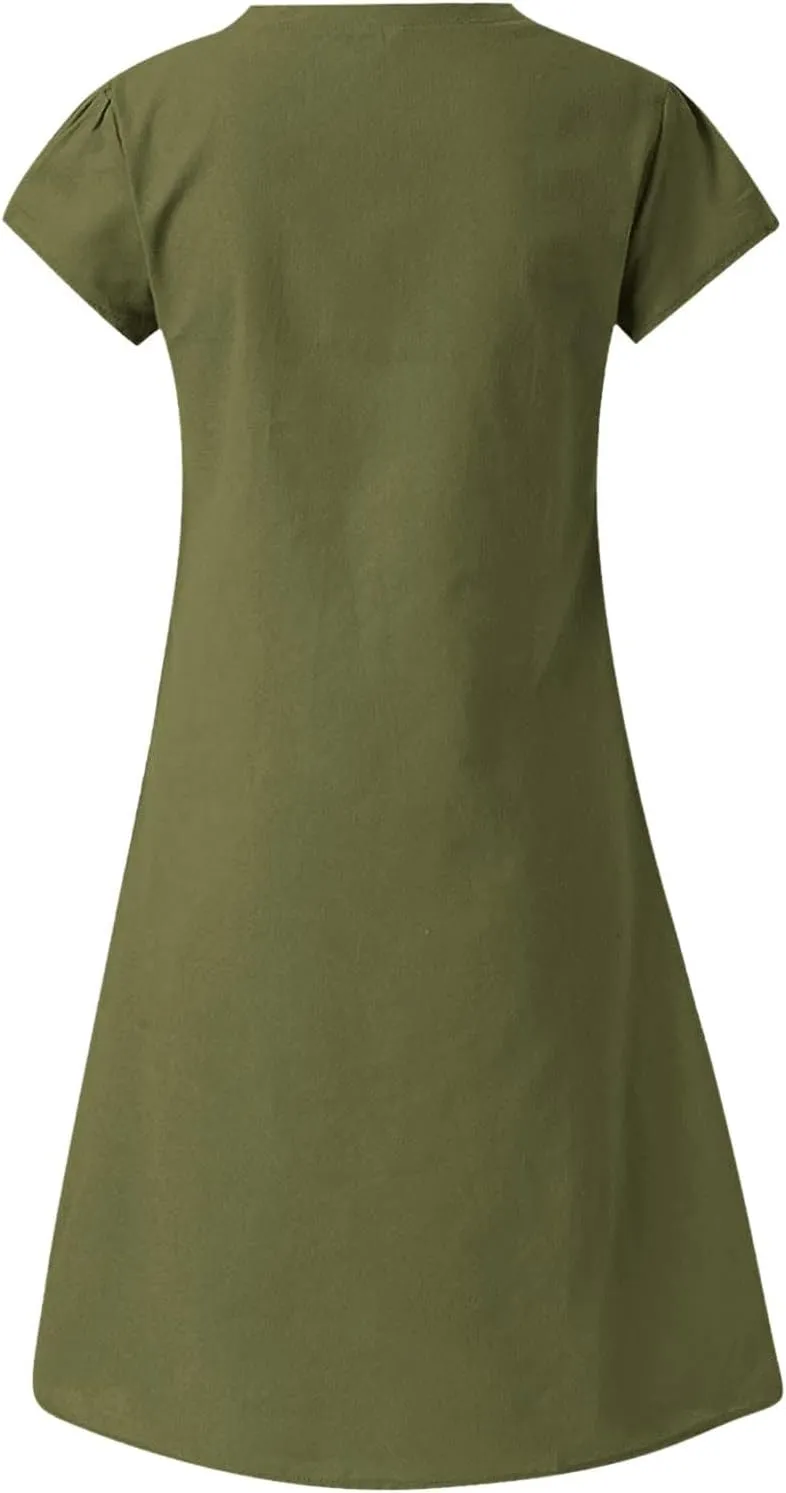 Linen Dress Women 2025 V Neck Short Sleeve Dresses Summer T-Shirt Midi Dress Solid Color Causal Loose Dresses