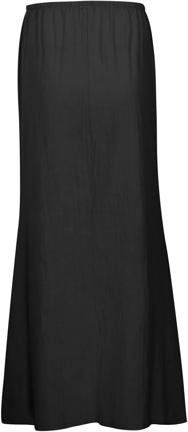 Linen Maxi Skirts for Women Cute Vacation Long Flowy Skirt Trendy Summer Comfy Drawstring Waist A Line Skirts