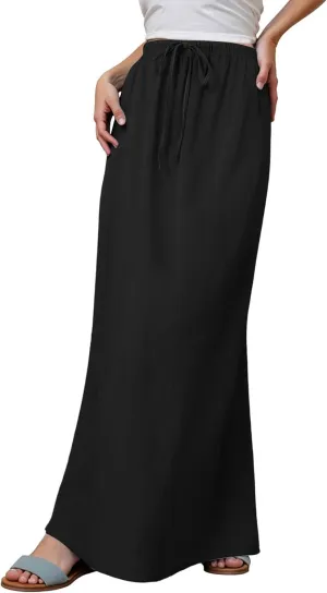 Linen Maxi Skirts for Women Cute Vacation Long Flowy Skirt Trendy Summer Comfy Drawstring Waist A Line Skirts