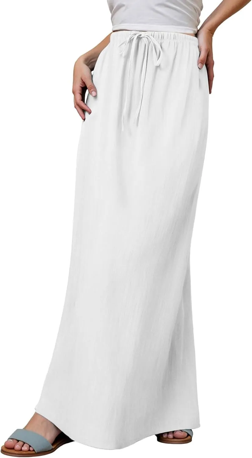 Linen Maxi Skirts for Women Cute Vacation Long Flowy Skirt Trendy Summer Comfy Drawstring Waist A Line Skirts