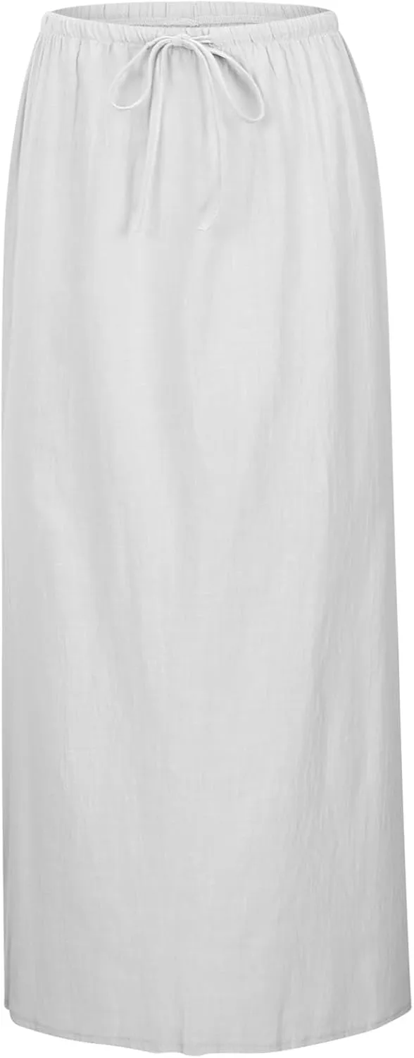 Linen Maxi Skirts for Women Cute Vacation Long Flowy Skirt Trendy Summer Comfy Drawstring Waist A Line Skirts