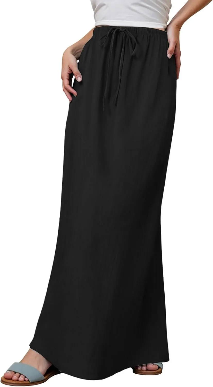 Linen Maxi Skirts for Women Cute Vacation Long Flowy Skirt Trendy Summer Comfy Drawstring Waist A Line Skirts