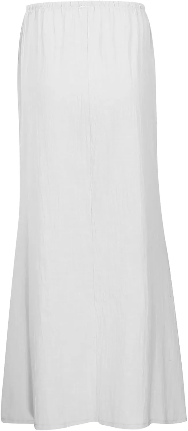 Linen Maxi Skirts for Women Cute Vacation Long Flowy Skirt Trendy Summer Comfy Drawstring Waist A Line Skirts