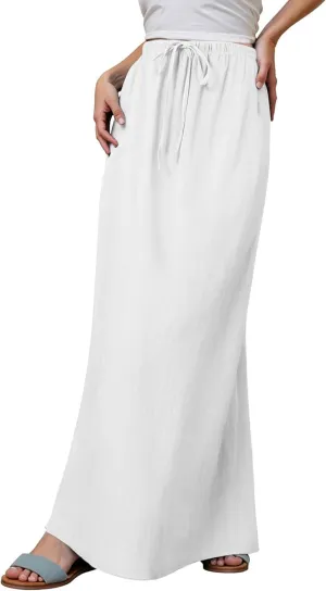 Linen Maxi Skirts for Women Cute Vacation Long Flowy Skirt Trendy Summer Comfy Drawstring Waist A Line Skirts