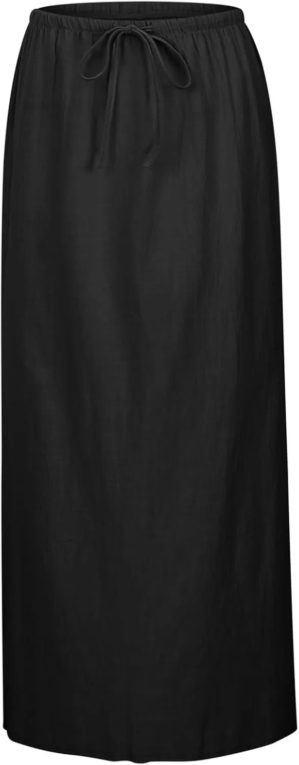 Linen Maxi Skirts for Women Cute Vacation Long Flowy Skirt Trendy Summer Comfy Drawstring Waist A Line Skirts