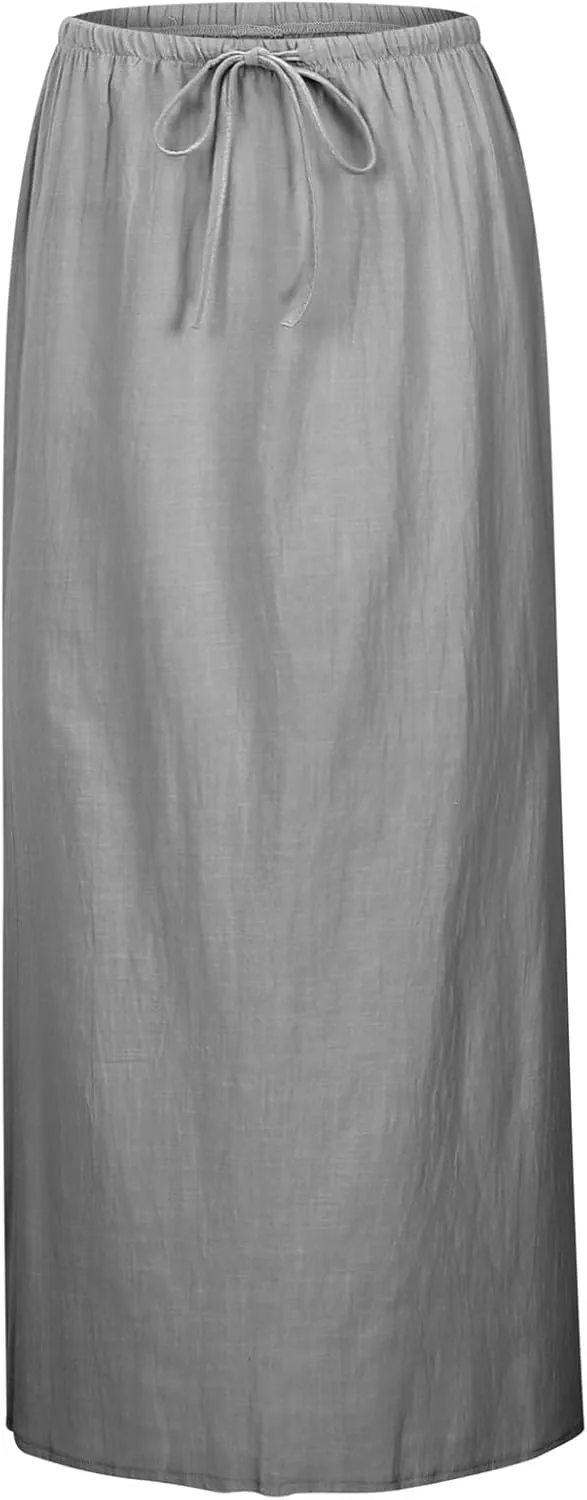 Linen Maxi Skirts for Women Cute Vacation Long Flowy Skirt Trendy Summer Comfy Drawstring Waist A Line Skirts